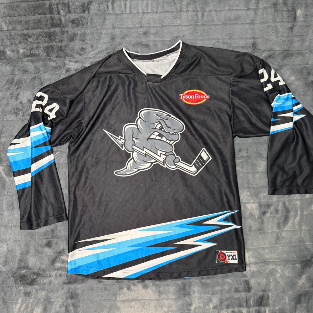 Destroyer Rocks Tyson Foods Hockey Jersey Youth XL Black Blue Tornado Mascot 24